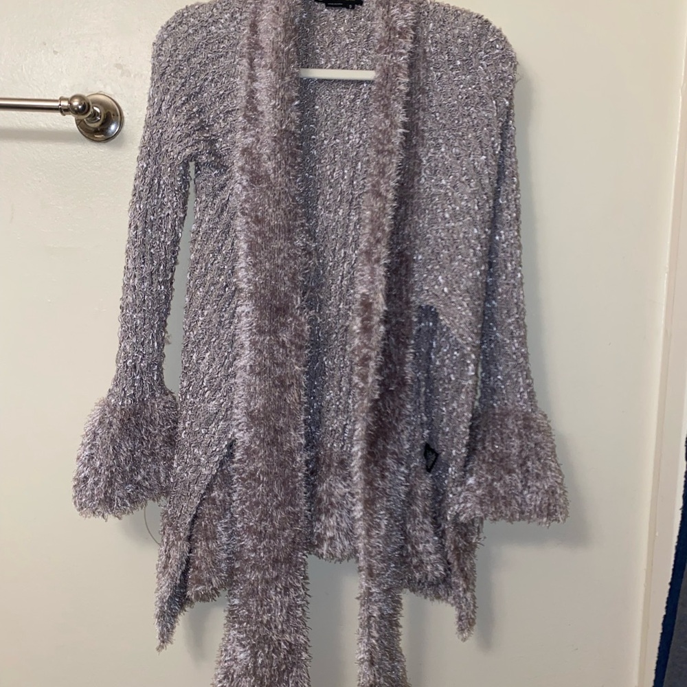 BCBG Maxazria Luxe shimmery Y2K fluffy grey cardigan size S
